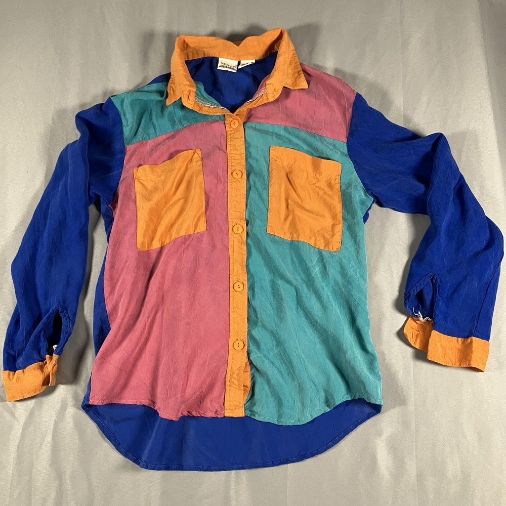 Nuovo Shirt Womens Small Multicolor Colorblock Rayon Button Front Made In USA